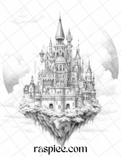 Floating Castle in the Sky Grayscale Coloring Pages for Adults, Printable PDF File Instant Download