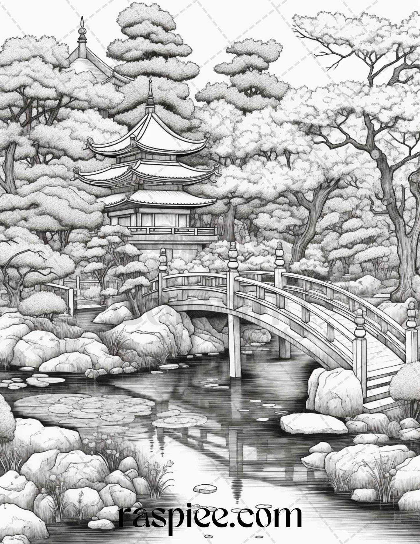 Japanese Garden Grayscale Coloring Pages Printable for Adults, PDF File Instant Download