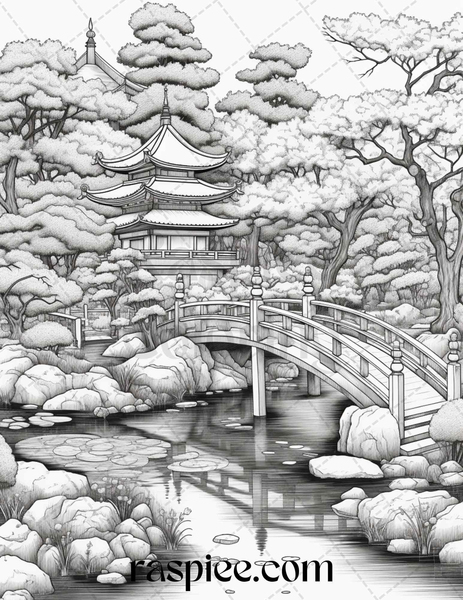 Japanese Garden Grayscale Coloring Pages Printable for Adults, PDF File Instant Download