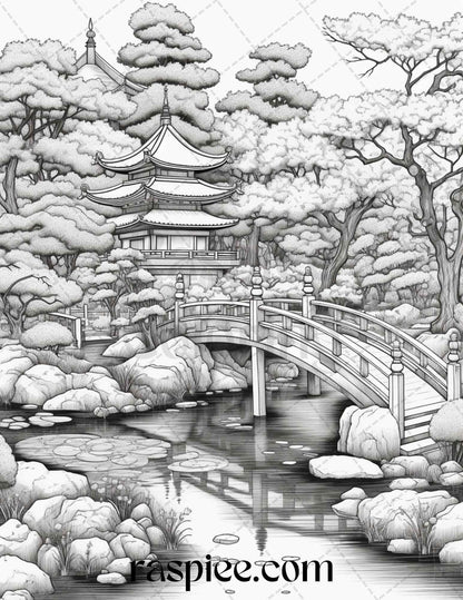 Japanese Garden Grayscale Coloring Pages Printable for Adults, PDF File Instant Download