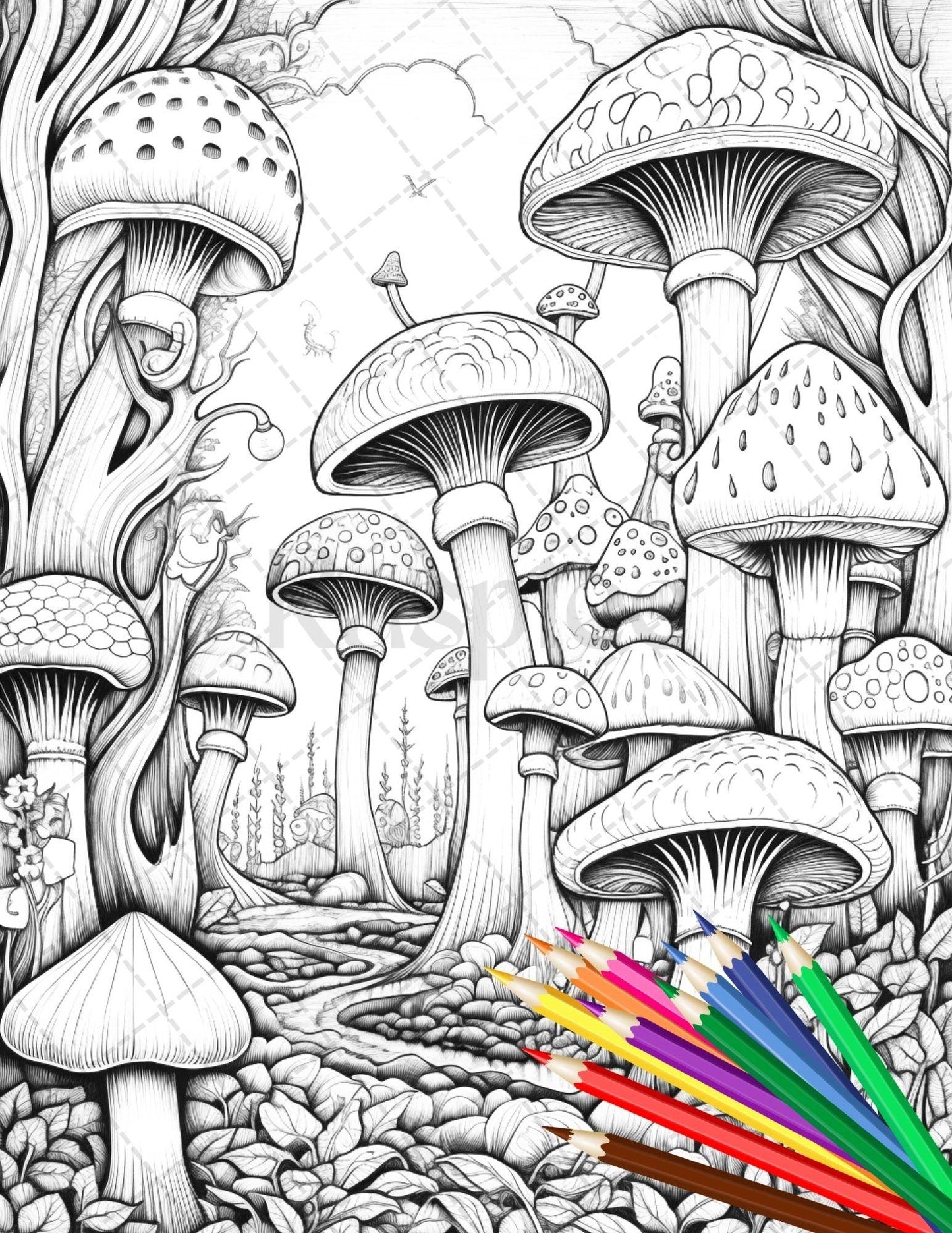 Psychedelic Mushroom Forest Coloring Book Printable for Adults, Trippy Grayscale Coloring Page, PDF File Instant Download