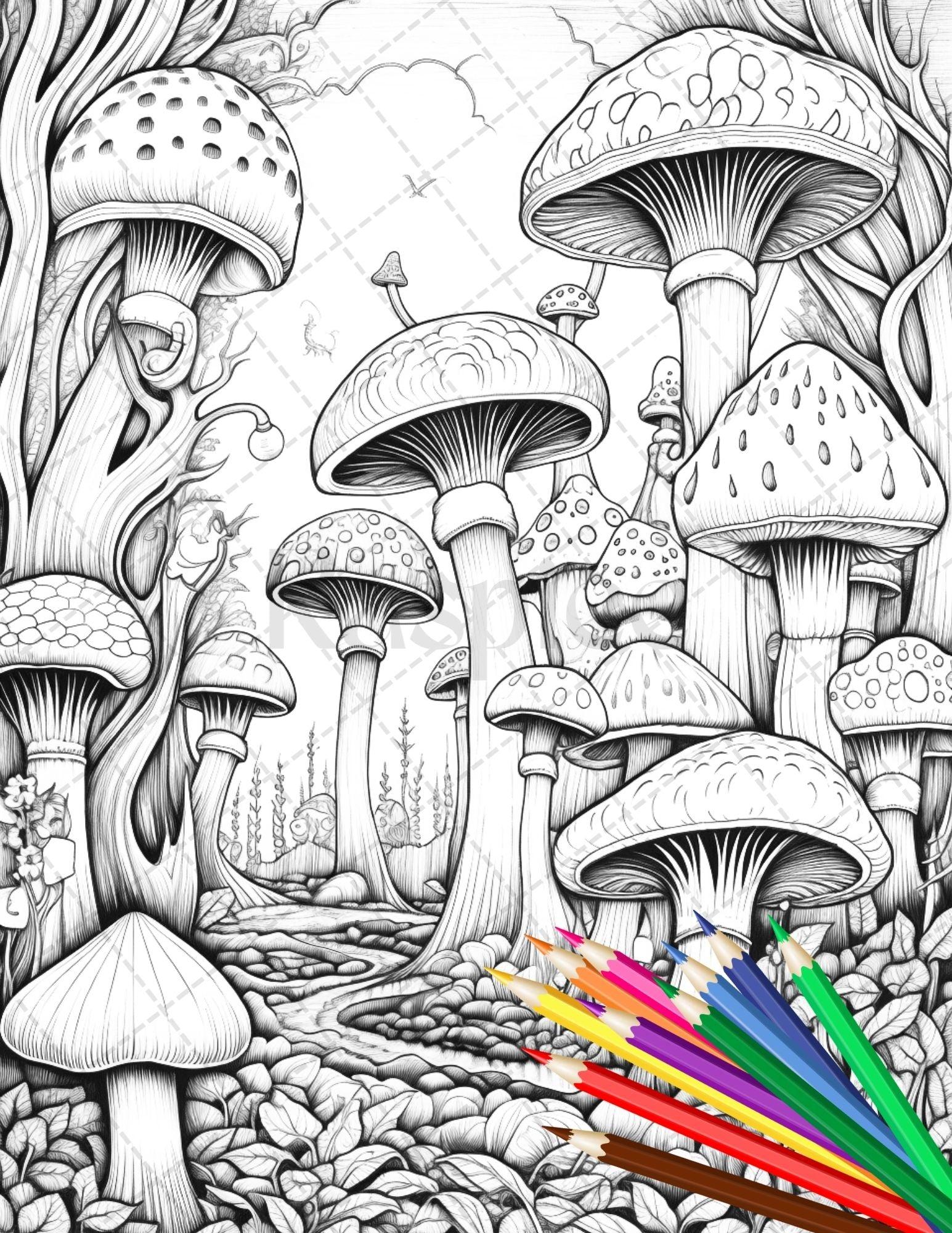 Psychedelic Mushroom Forest Coloring Book Printable for Adults, Trippy Grayscale Coloring Page, PDF File Instant Download