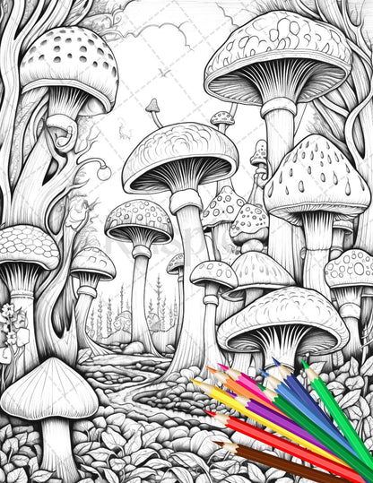 Psychedelic Mushroom Forest Coloring Book Printable for Adults, Trippy Grayscale Coloring Page, PDF File Instant Download