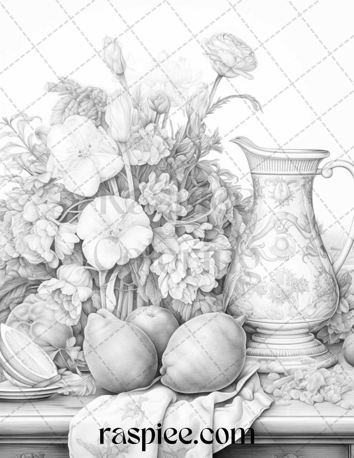 52 Still Life Grayscale Coloring Pages Printable for Adults, PDF File Instant Download