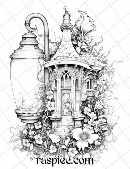 50 Lantern Fairy Houses Grayscale Coloring Pages Printable for Adults, PDF File Instant Download