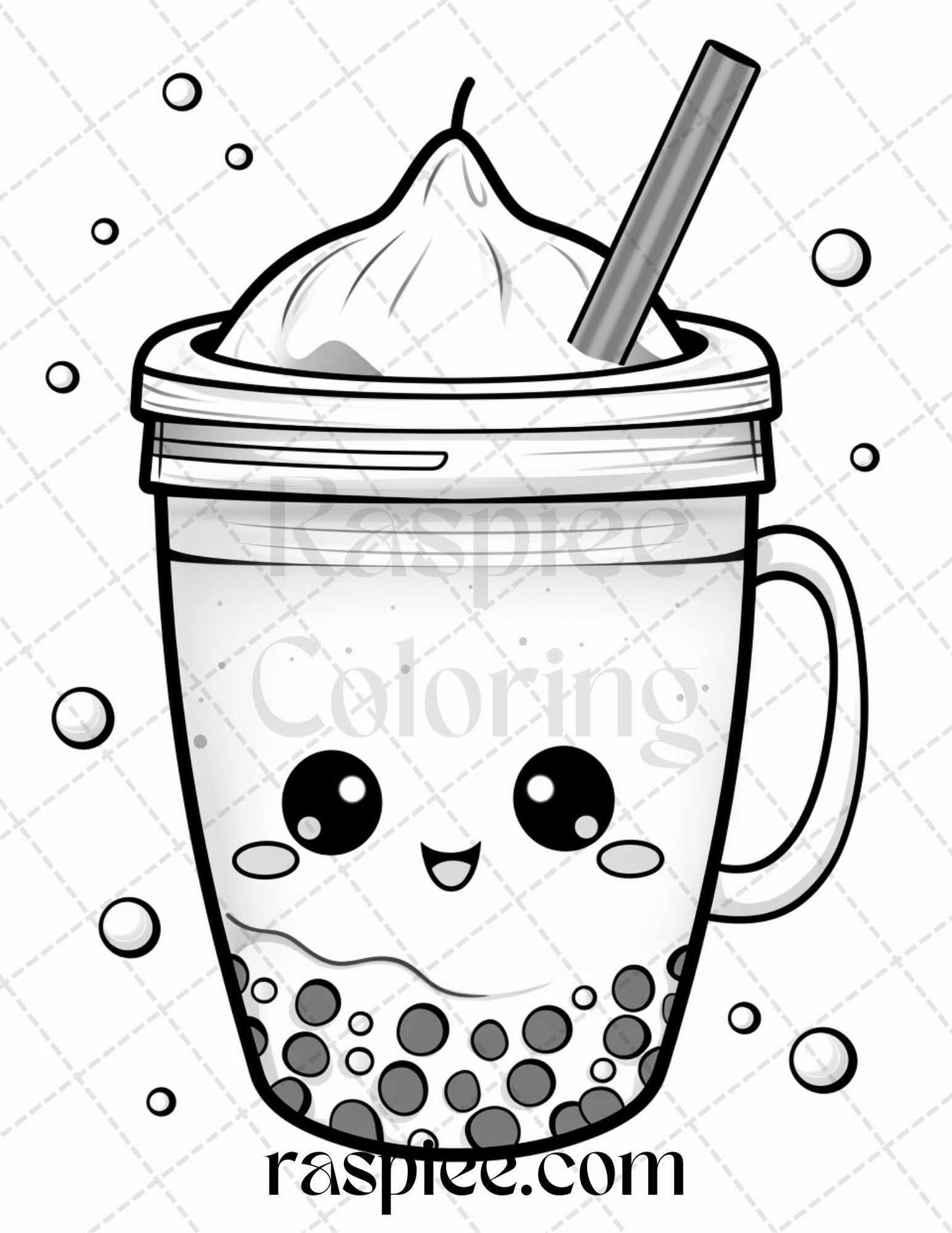 50 Cute Kawaii Boba Tea Grayscale Coloring Pages for Adults and Kids, Printable PDF File Instant Download
