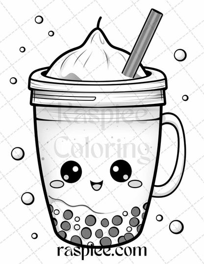 50 Cute Kawaii Boba Tea Grayscale Coloring Pages for Adults and Kids, Printable PDF File Instant Download