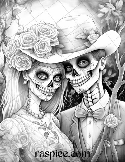 50 Day of the Dead Grayscale Coloring Pages Printable for Adults, PDF File Instant Download