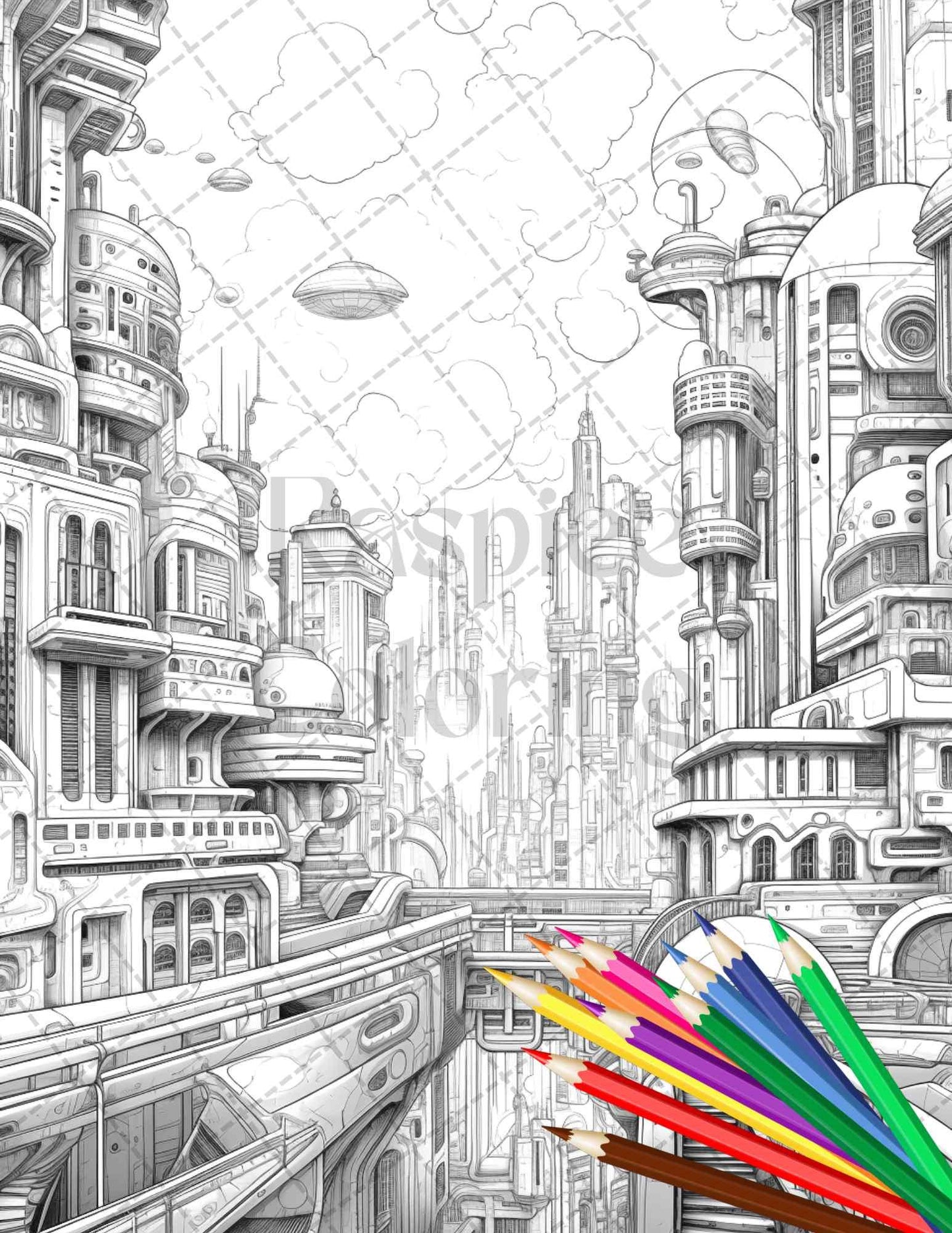 50 Futuristic Metropolis Grayscale Coloring Pages Printable for Adults, PDF File Instant Download