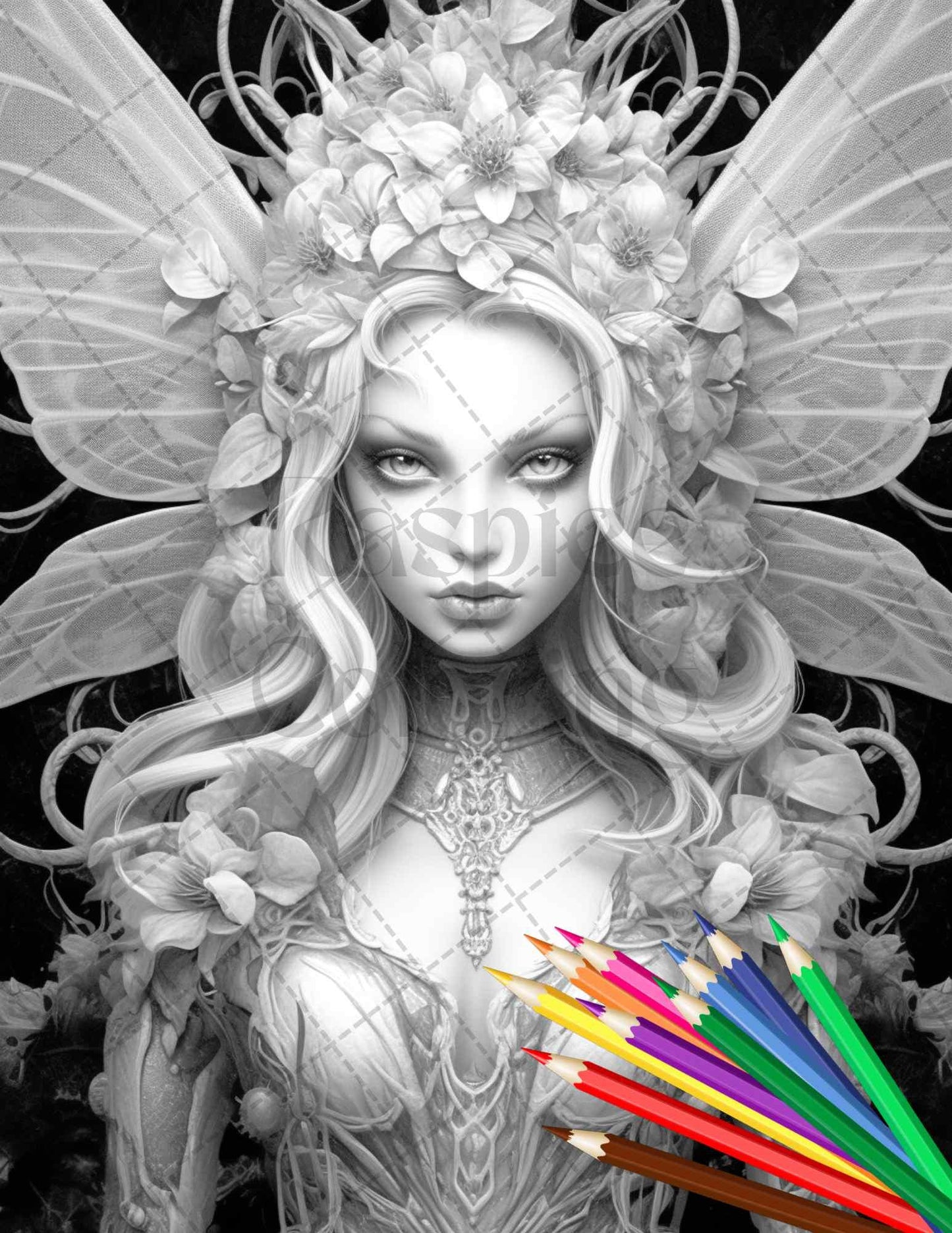 Beautiful Dark Fairy Grayscale Coloring Pages Printable for Adults, PDF File Instant Download