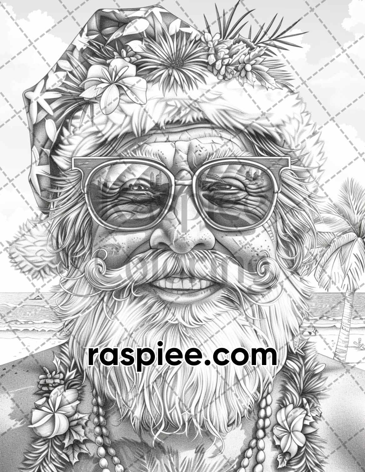 60 Santa Christmas in July Grayscale Adult Coloring Pages Printable PDF Instant Download