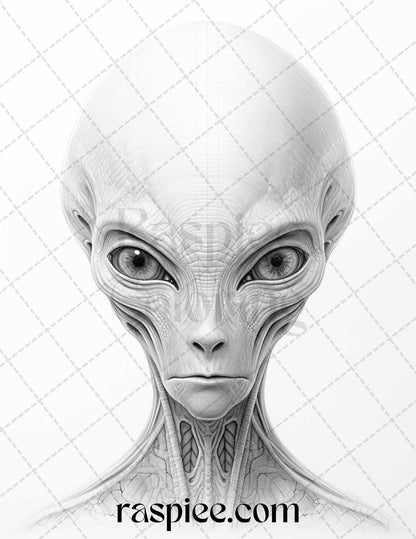 65 Alien Portrait Grayscale Coloring Pages for Adults, Printable PDF File Instant Download