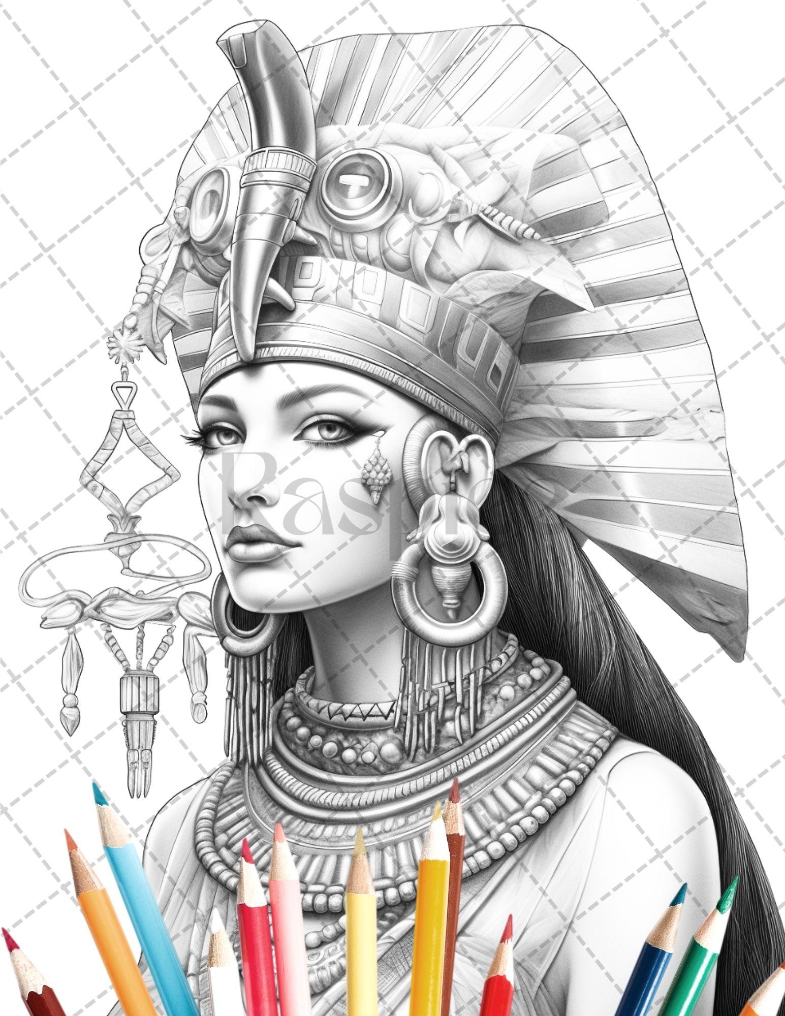 35 Ancient Egyptian Queens Coloring Book Printable for Adults, Grayscale Coloring Page, PDF File Instant Download