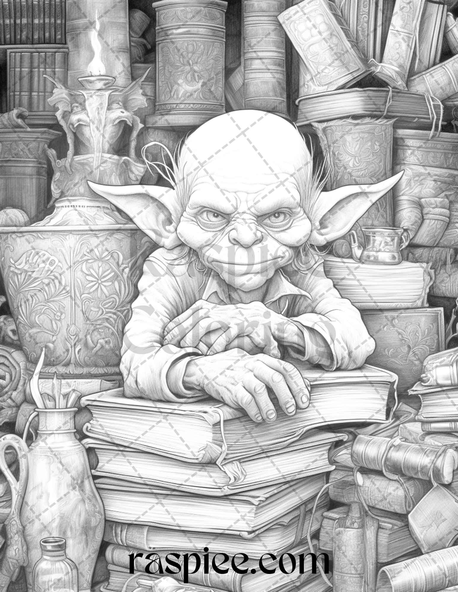 Fantasy Goblins Grayscale Coloring Pages Printable for Adults, PDF File Instant Download