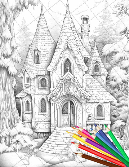 63 Winter Fairy Houses Grayscale Coloring Pages Printable for Adults, PDF File Instant Download