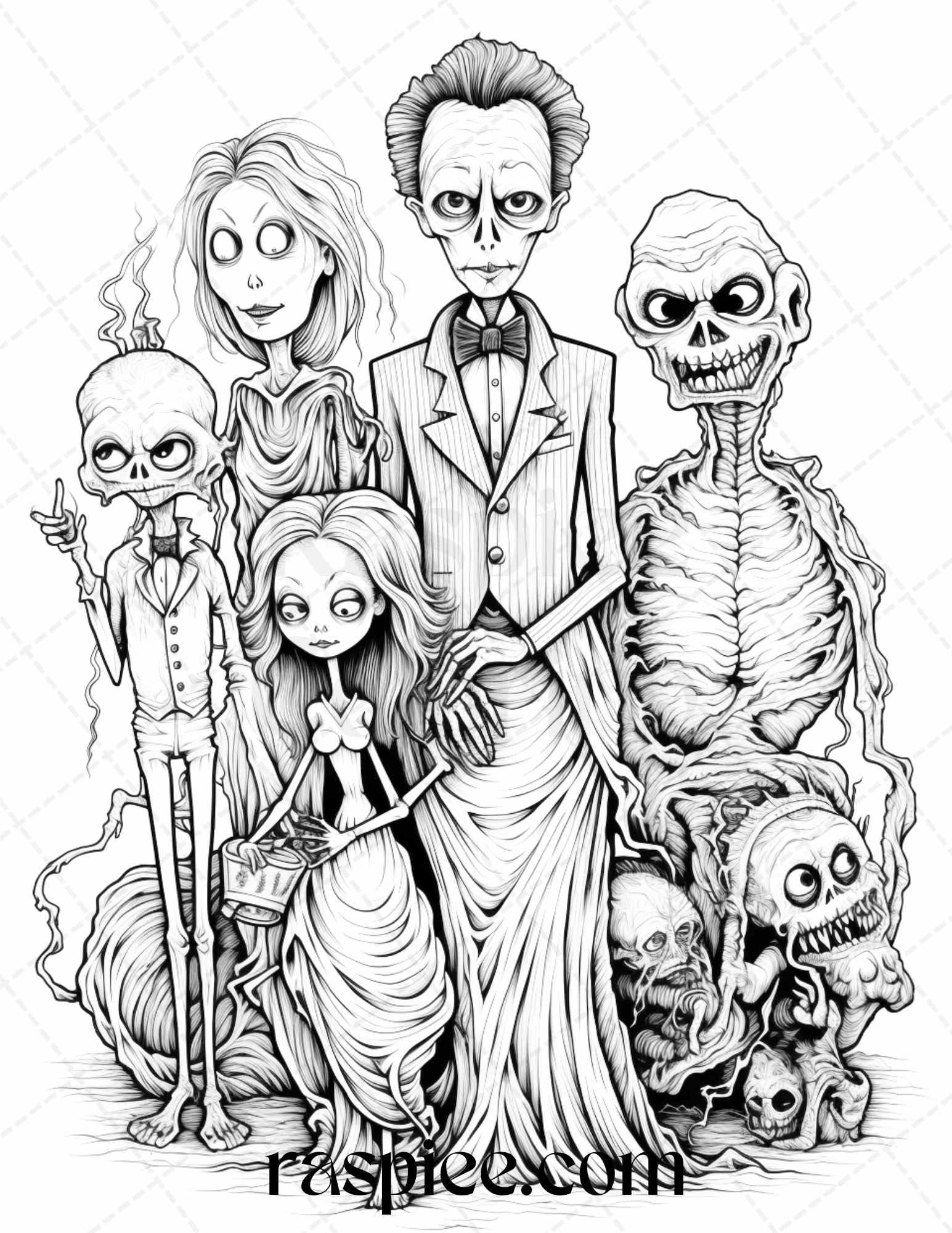 50 Monster Family Grayscale Coloring Pages Printable for Adults - Instant Download, Halloween Coloring Book, Fun and Spooky Designs