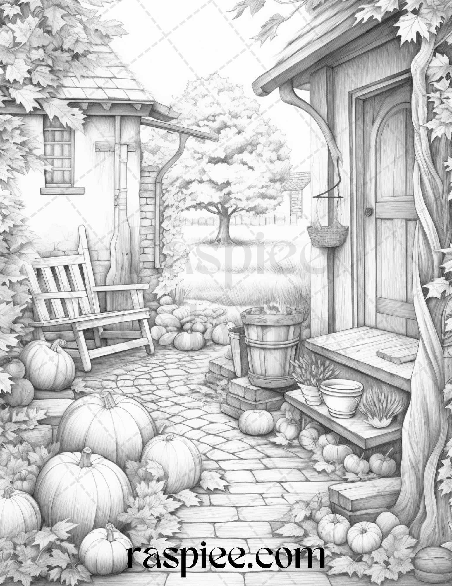 Autumn Scenery Grayscale Coloring Pages Printable for Adults, PDF File Instant Download