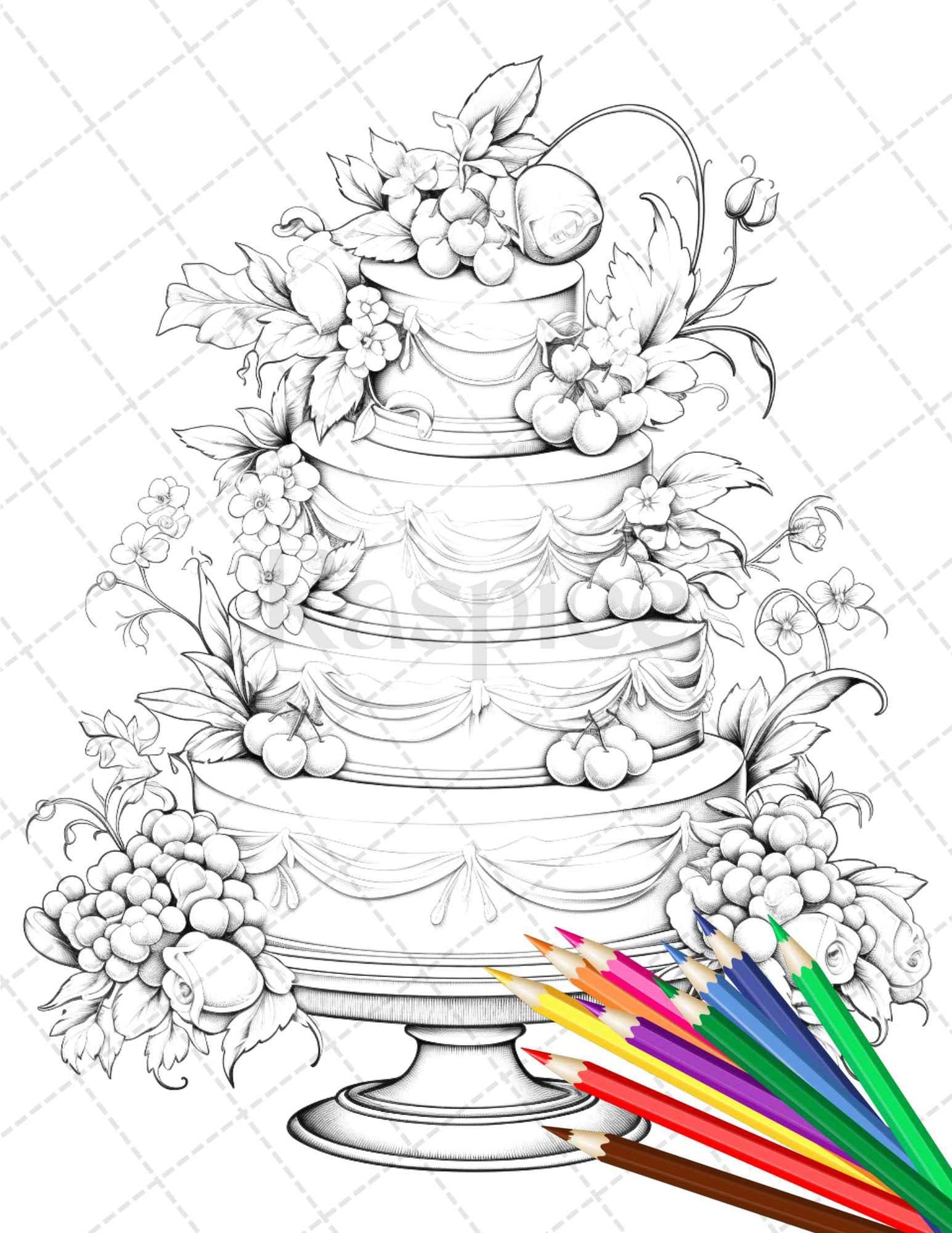 38 Whimsical Cakes Grayscale Coloring Pages for Adults, PDF File Instant Download