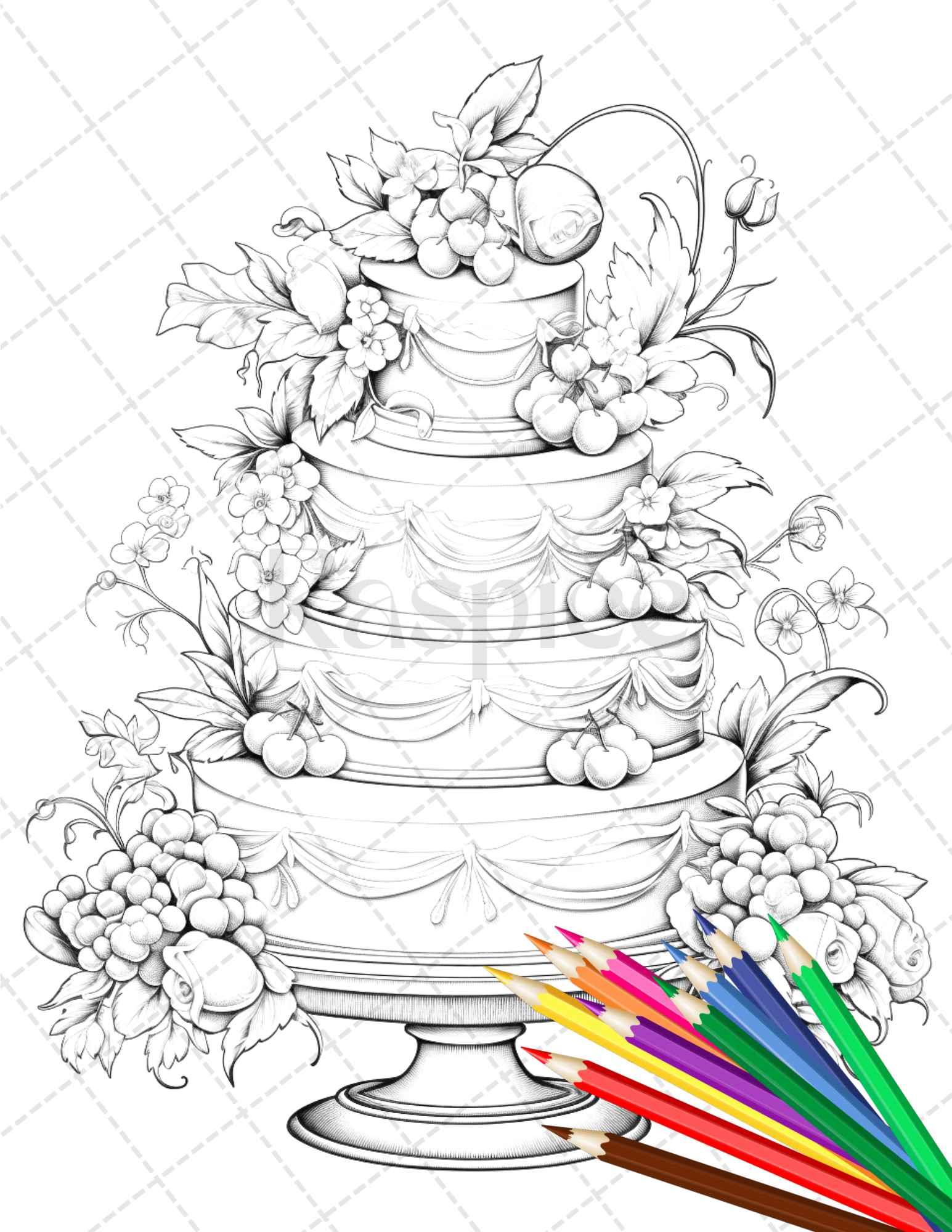 38 Whimsical Cakes Grayscale Coloring Pages for Adults, PDF File Instant Download
