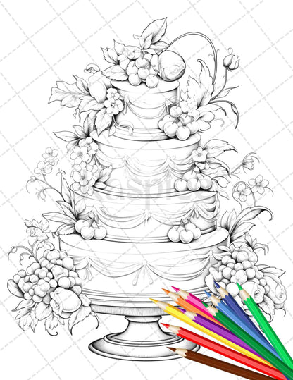 38 Whimsical Cakes Grayscale Coloring Pages for Adults, PDF File Instant Download
