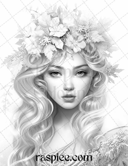 50 Winter Fairy Grayscale Coloring Pages Printable for Adults, PDF File Instant Download