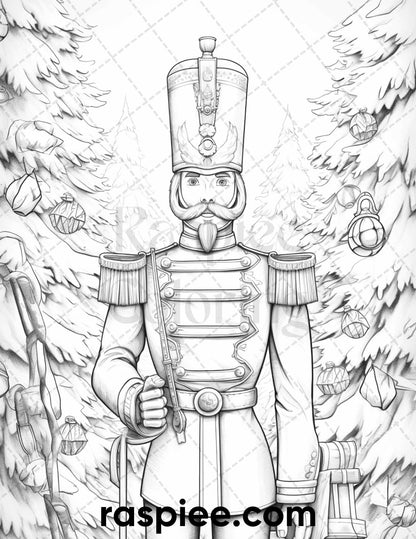 40 Christmas Nutcrackers Grayscale Coloring Pages for Adults, Printable PDF File Instant Download