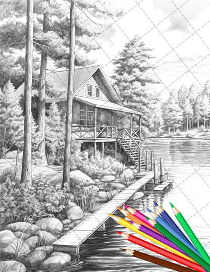 Lake Cabin Scenery Grayscale Coloring Pages Printable for Adults, PDF File Instant Download