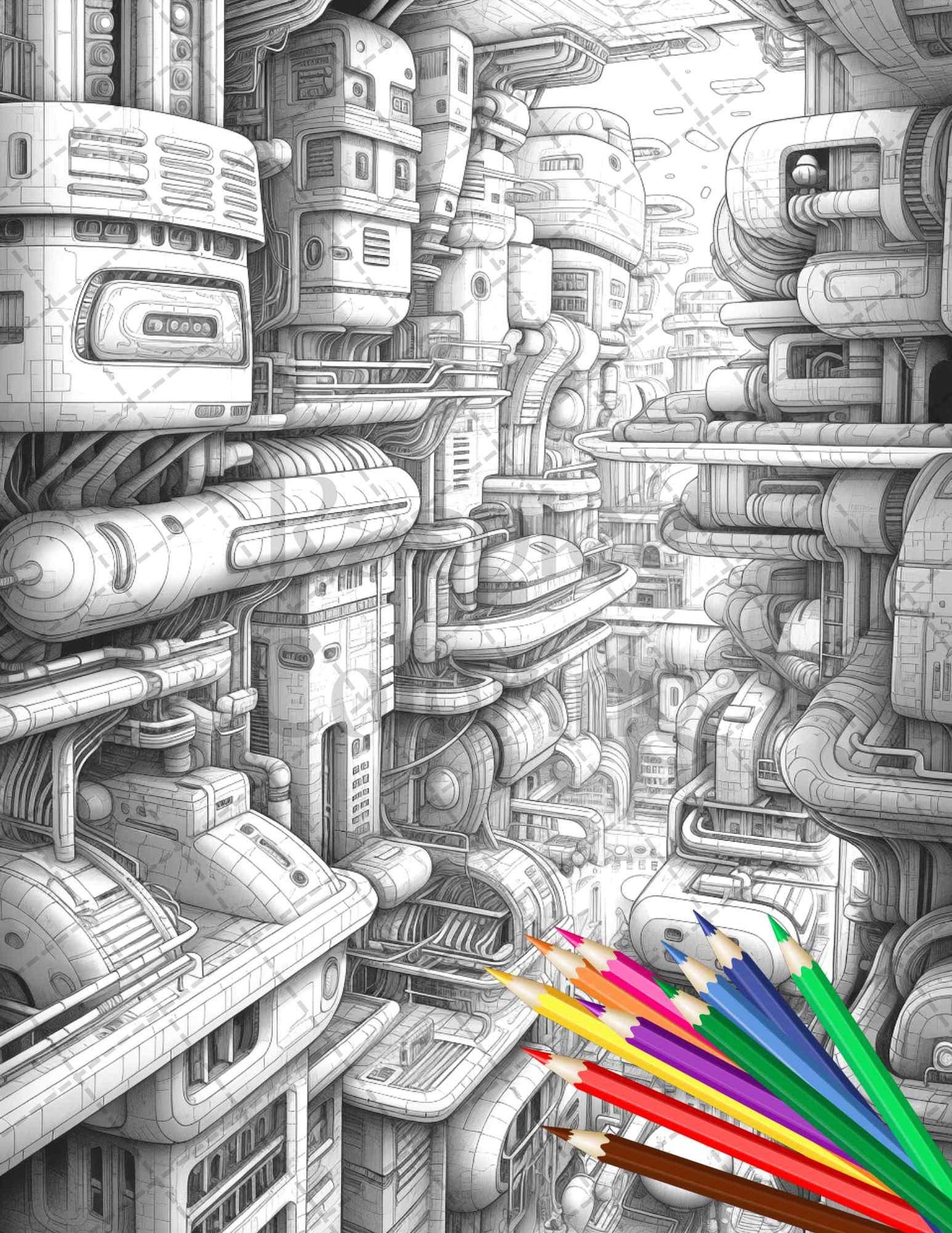 50 Futuristic Metropolis Grayscale Coloring Pages Printable for Adults, PDF File Instant Download
