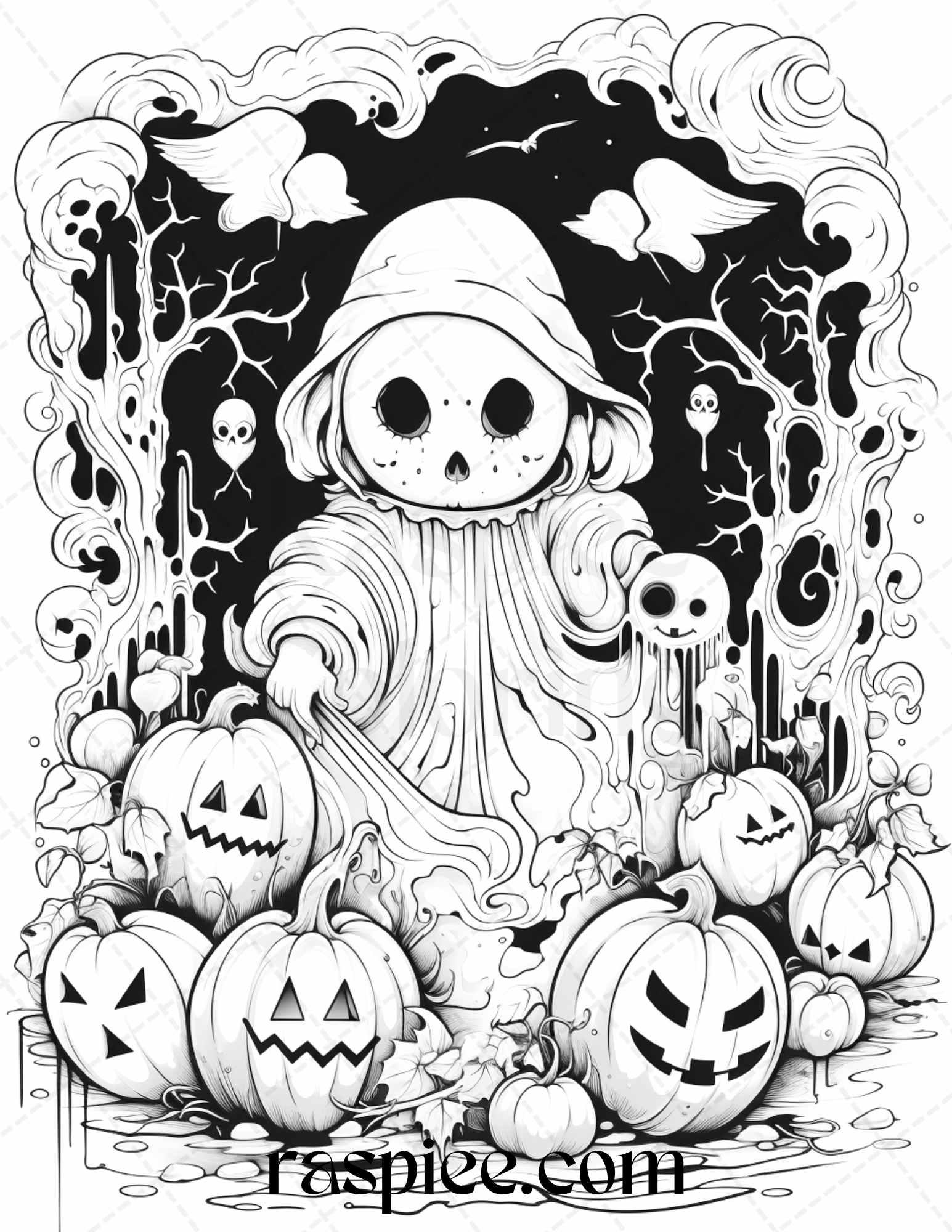 50 Halloween Cute Ghosts Grayscale Coloring Printable for Adults Kids, PDF File Instant Download