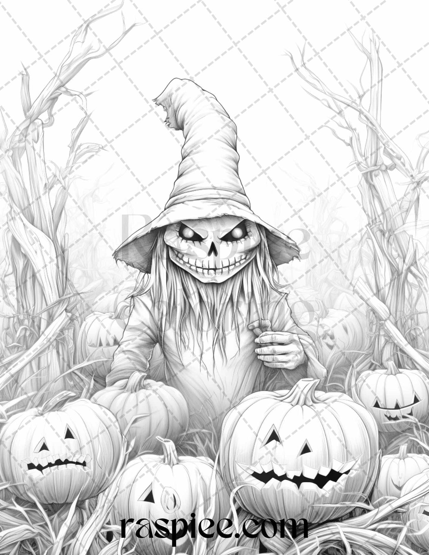 50 Halloween Scarecrows Grayscale Coloring Pages Printable for Adults, PDF File Instant Download