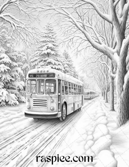 Winter Scenery Grayscale Coloring Pages Printable, Relaxing Snowy Landscapes, PDF File Instant Download