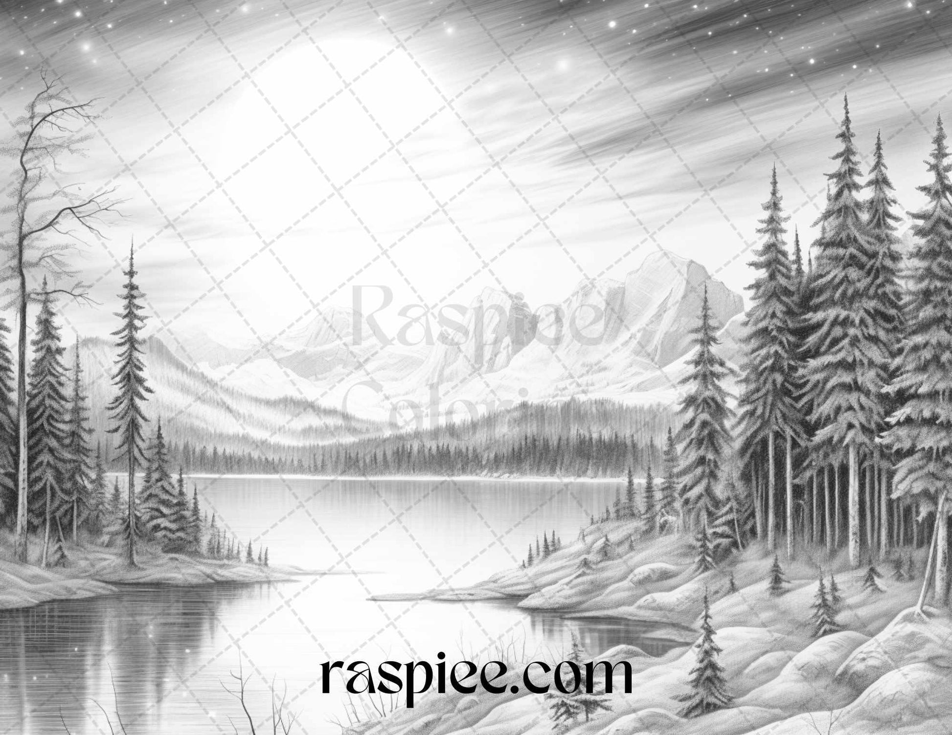 Aurora Borealis Landscape Grayscale Coloring Pages for Adults, Printable PDF File Instant Download