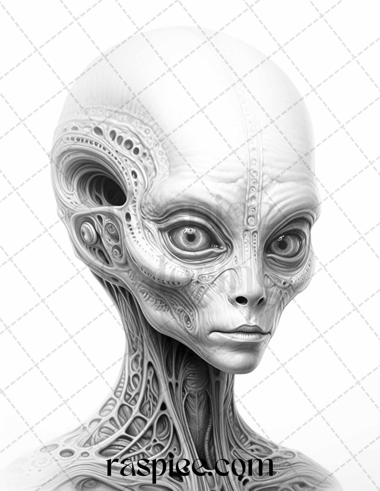 65 Alien Portrait Grayscale Coloring Pages for Adults, Printable PDF File Instant Download