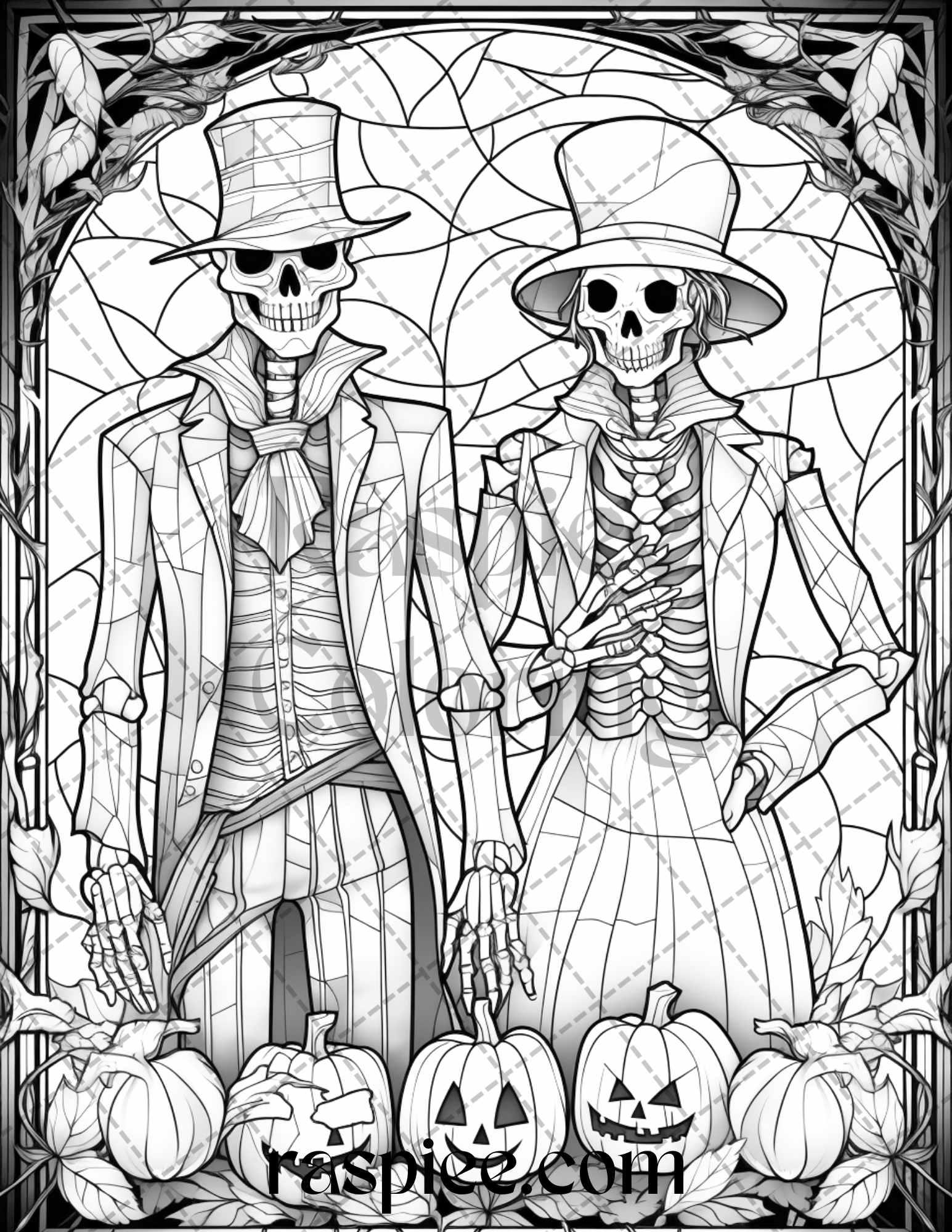 70 Halloween Stained Glass Grayscale Coloring Pages Printable for Adults, PDF File Instant Download