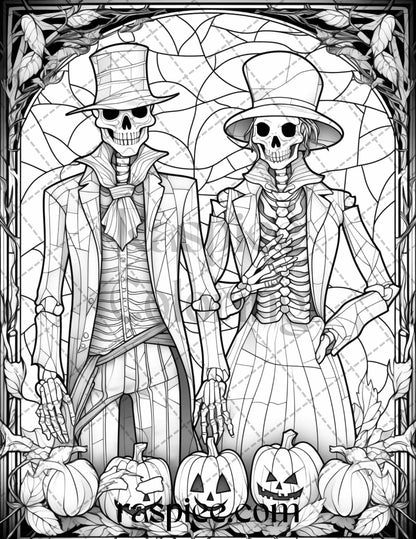 70 Halloween Stained Glass Grayscale Coloring Pages Printable for Adults, PDF File Instant Download