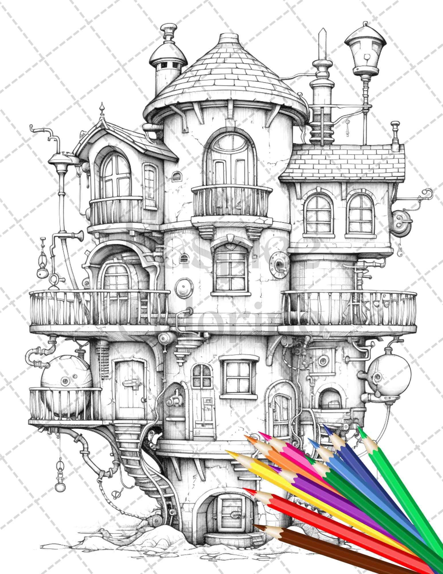 50 Steampunk Houses Grayscale Coloring Pages Printable for Adults, PDF File Instant Download