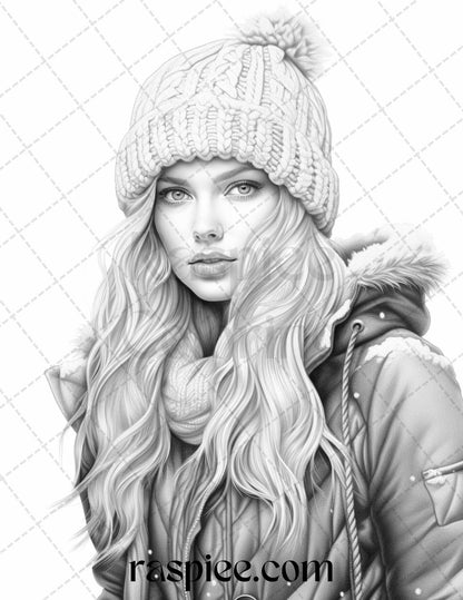 40 Winter Fashion Grayscale Coloring Pages Printable for Adults, PDF File Instant Download