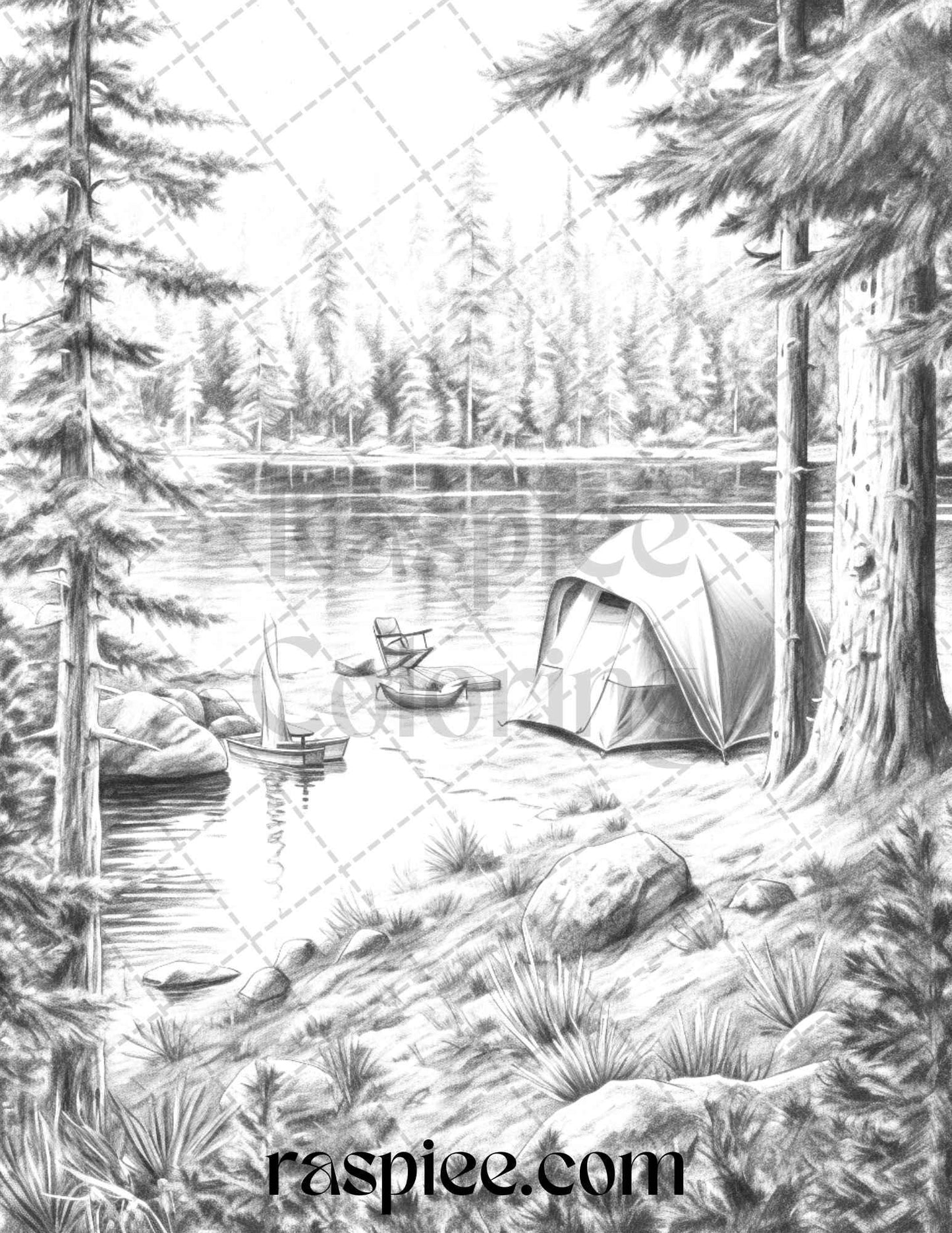 Nature Camping Grayscale Coloring Pages Printable, Relaxing Outdoor Scenes, PDF File Instant Download