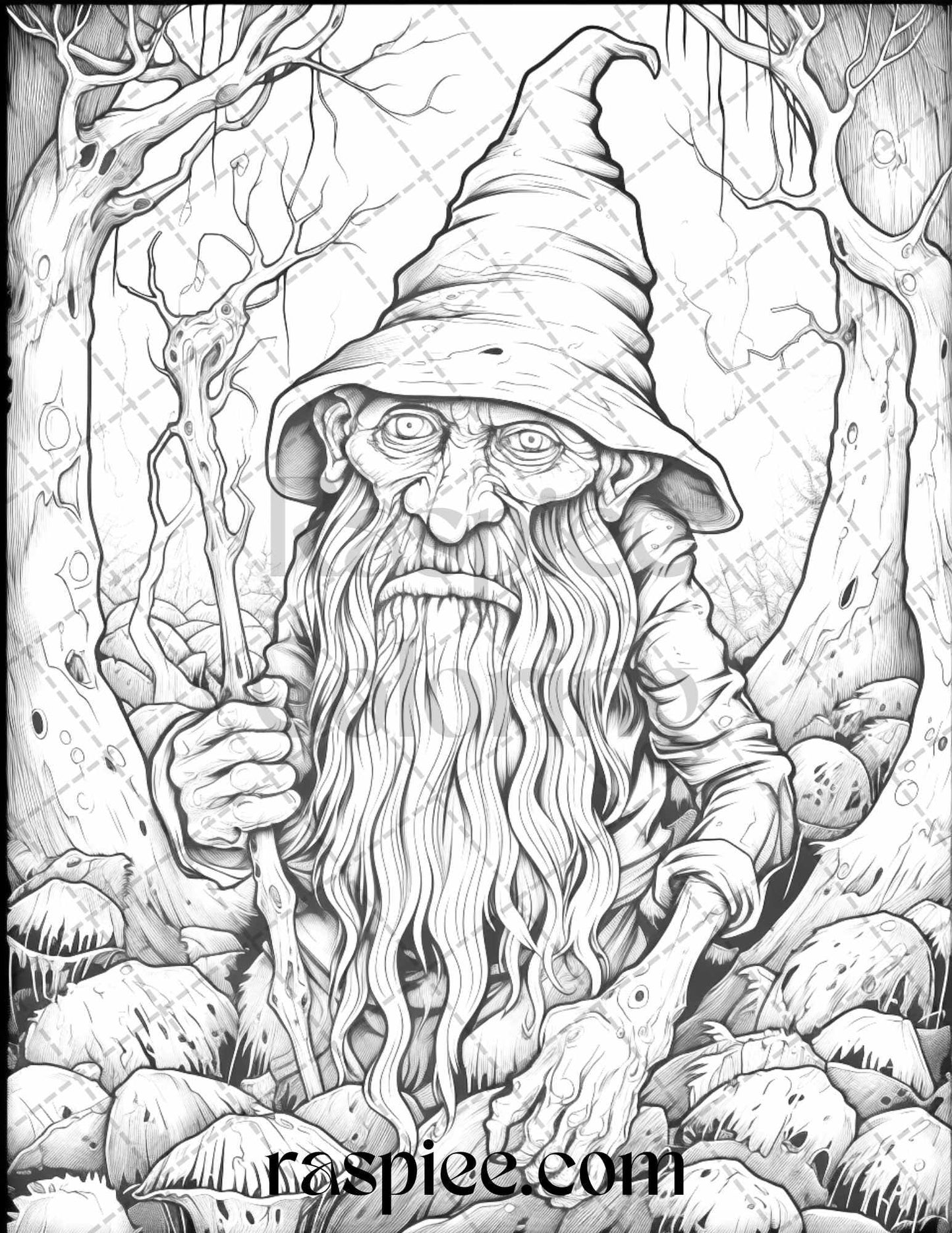 50 Horror Zombie Gnomes Grayscale Coloring Pages Printable for Adults, PDF File Instant Download