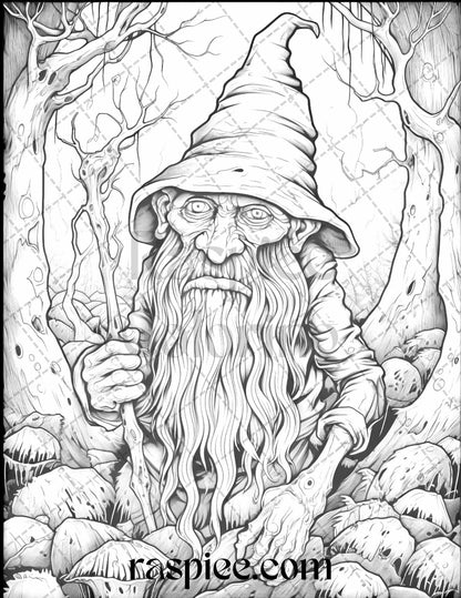 50 Horror Zombie Gnomes Grayscale Coloring Pages Printable for Adults, PDF File Instant Download