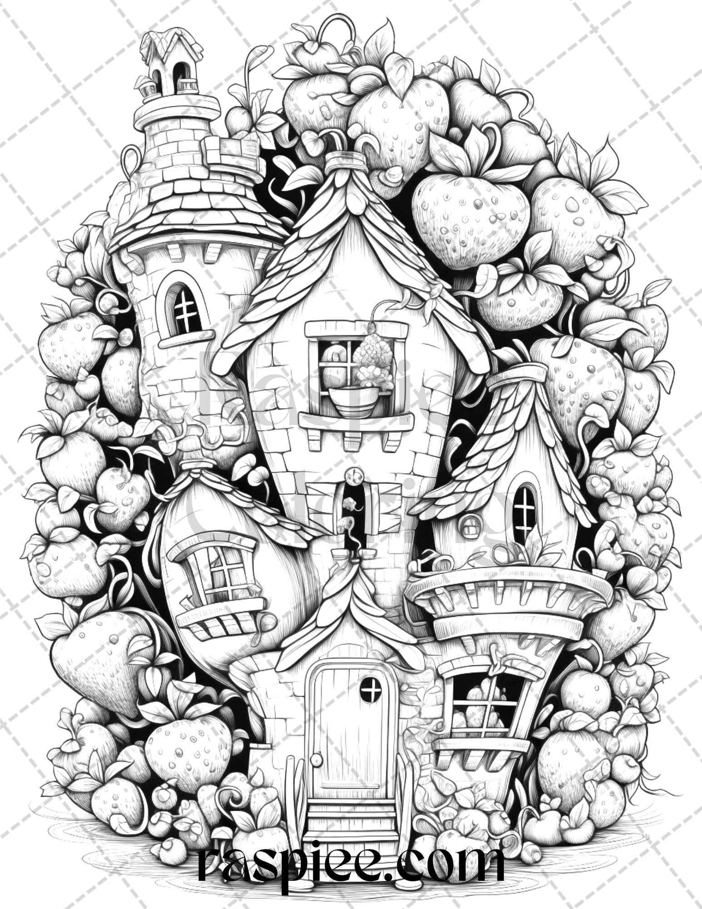 50 Strawberry Houses Grayscale Coloring Pages Printable for Adults Kids, PDF File Instant Download