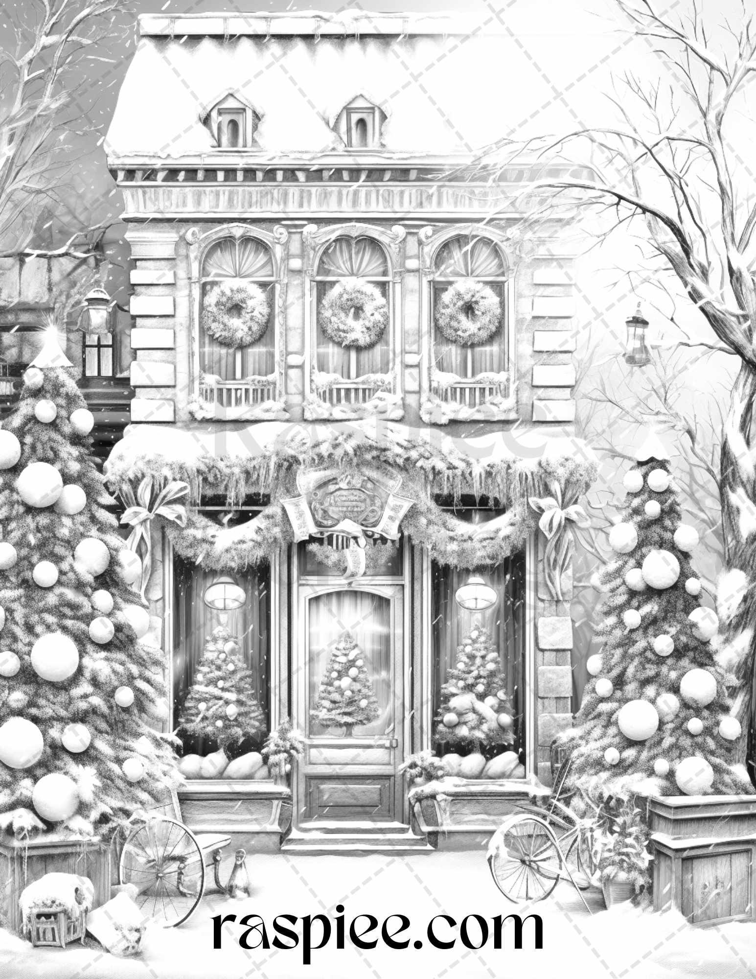 Christmas Store Front Grayscale Coloring Pages for Adults, PDF Printable Instant Download