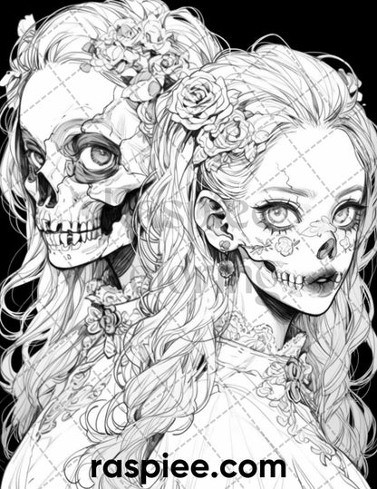 60 Horror Beauties Grayscale Coloring Pages Printable for Adults, PDF File Instant Download