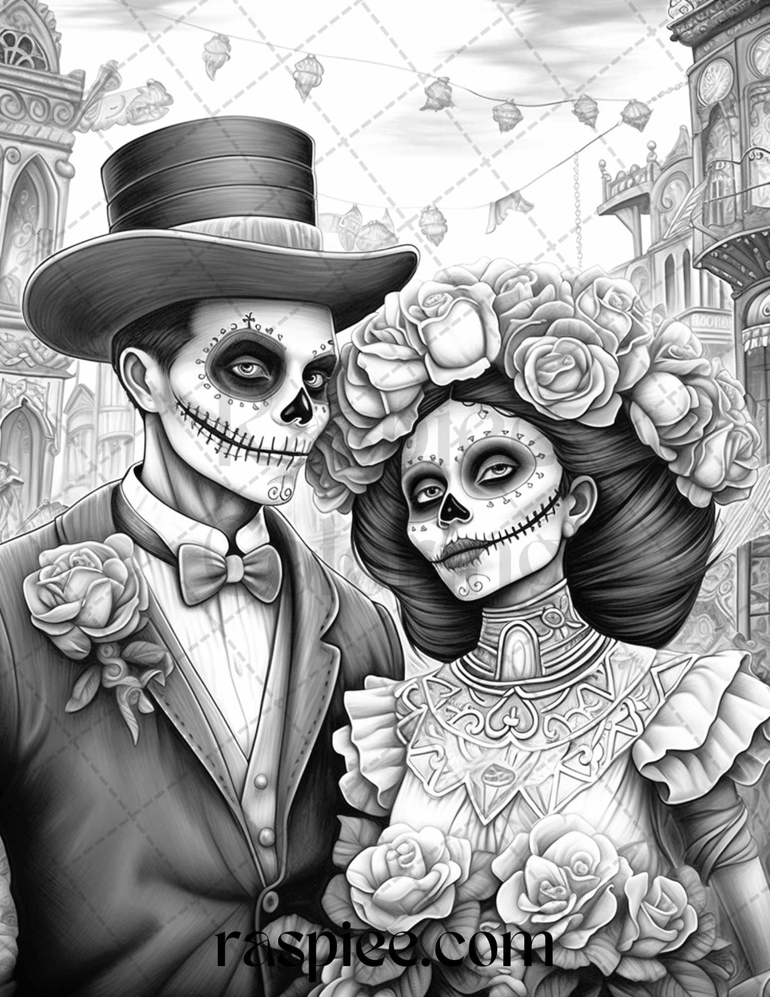 50 Day of the Dead Grayscale Coloring Pages Printable for Adults, PDF File Instant Download