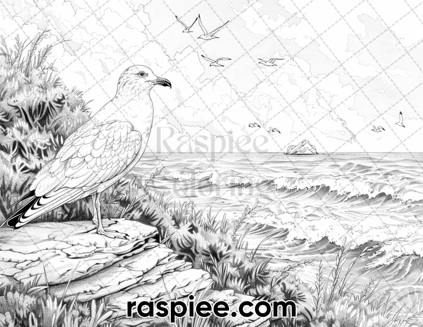 65 Coastal Landscapes Grayscale Adult Coloring Pages, Printable PDF Instant Download