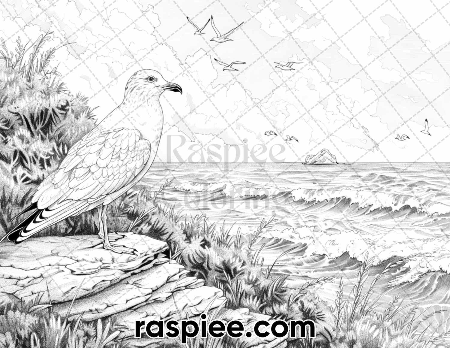 65 Coastal Landscapes Grayscale Adult Coloring Pages, Printable PDF Instant Download