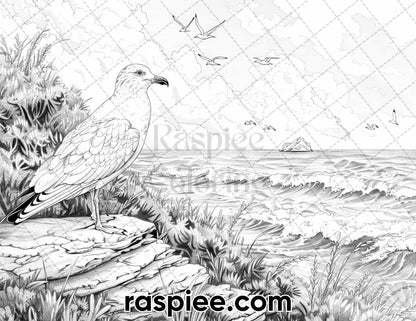 65 Coastal Landscapes Grayscale Adult Coloring Pages, Printable PDF Instant Download