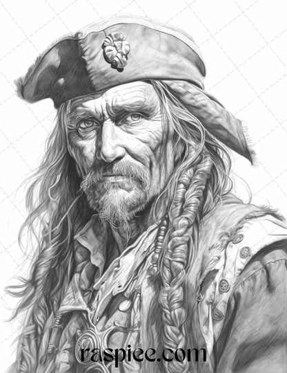 60 Pirate Life Grayscale Coloring Pages Printable for Adults, Stress Relief Coloring, PDF File Instant Download