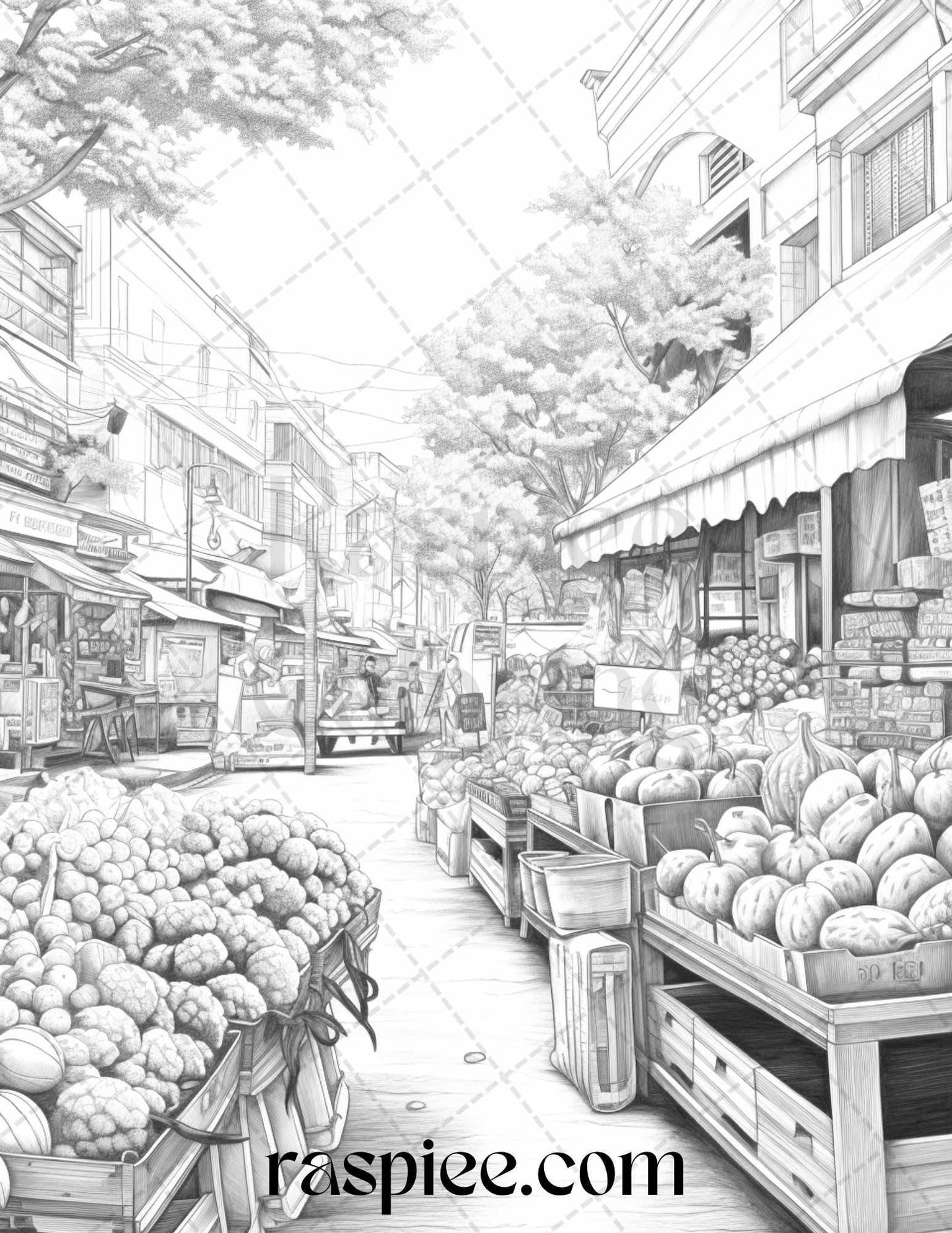 Autumn Street Markets Grayscale Coloring Pages for Adults, Printable PDF File Instant Download