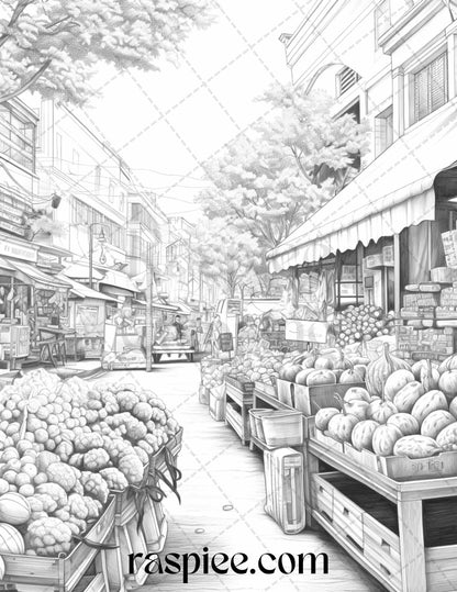 Autumn Street Markets Grayscale Coloring Pages for Adults, Printable PDF File Instant Download